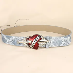 Retro punk style denim texture belt with unique heart dagger metal buckle for fashion daily wear.