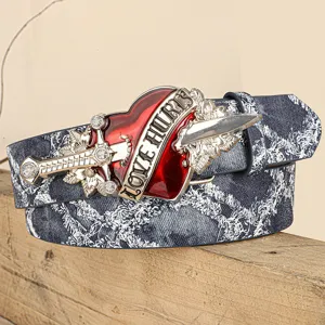 Punk retro denim belt with heart sword metal buckle for women and men fashion jeans accessory