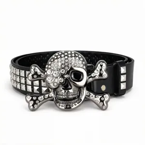Ceinture vintage punk tête de mort strass avec clous pyramide pour hommes femmes mode.
