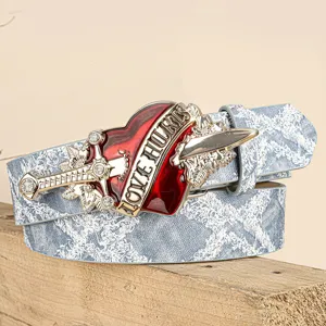 Punk retro denim texture belt with red heart dagger metal buckle and rhinestone decor.