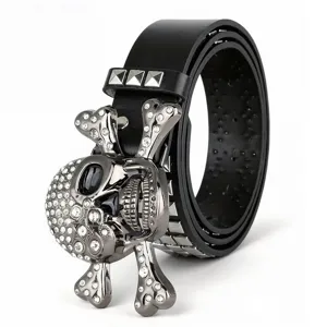 Ceinture punk crâne en strass avec rivets pyramidaux, ceinture cuir Y2K unisexe.