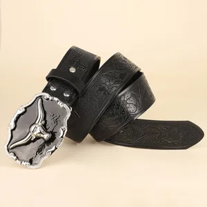Ceinture en cuir PU style western rétro pour homme avec boucle en métal tête de taureau.