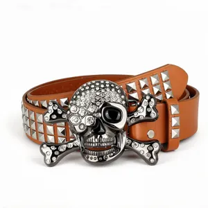 Ceinture en cuir clouté strass tête de mort punk, accessoire taille style Y2K.