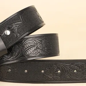 Ceinture en cuir PU gaufré style cowboy occidental rétro pour homme avec tête de taureau