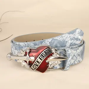 Vintage punk style denim belt with red heart dagger metal buckle, cool retro jeans accessory.
