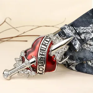 Punk vintage red heart dagger metal buckle denim belt with washed distressed texture.