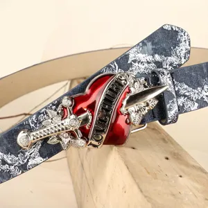 Punk style retro cross heart dagger belt with vintage washed denim texture and metal buckle design.
