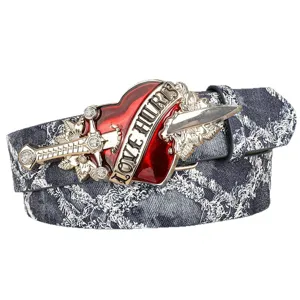 Punk retro denim belt with large dagger heart metal buckle gothic style waist belt for men women