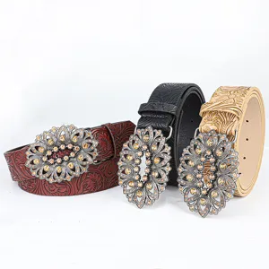 Women Vintage Floral Embossed PU Leather Belt Hollowed Alloy Rhinestone Buckle Boho Y2K Waistband For Jeans Dress Wide Belt
