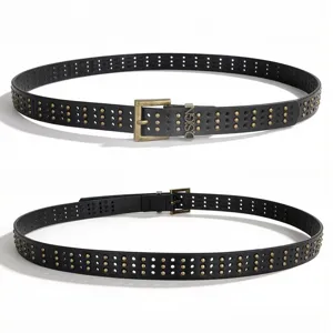 Close-up of a stylish black punk rivet belt featuring a hollow-out design and gold studs