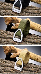 Outdoor nylon tactical belt with triangle alloy buckle shown in three colors