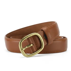 Classic brown women leather belt with antique brass pin buckle, elegant casual daily wear.