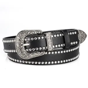 Vintage Punk Rivet Belt For Men Women Faux Leather Waist Belt With Engraved Alloy Buckle And Tip Components Studded Belt