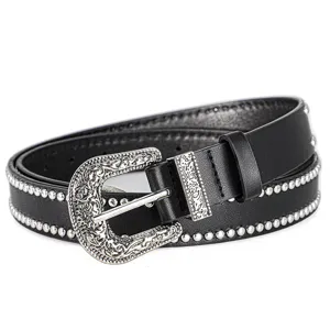 Detail view of black punk style leather belt with ornate Western buckle and silver studs
