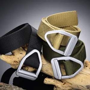 Durable outdoor tactical nylon web belt for men featuring a heavy duty alloy triangle buckle
