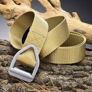 Outdoor tactical nylon belt with durable alloy triangle buckle in khaki sand color