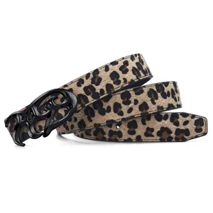 Close-up of retro leopard print belt featuring a stylish black metal buckle detail