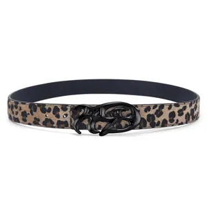Vintage leopard print reversible belt with stylized black metal buckle for fashion