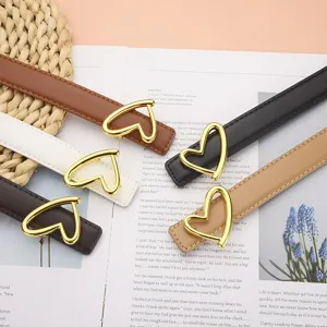 Stylish women's faux leather belts with gold heart-shaped buckles in five colors.