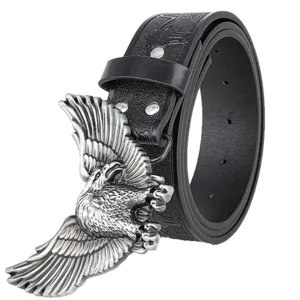 Cintura in vera pelle vintage stile western da uomo con fibbia ad aquila argentata 3D.