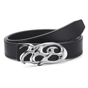 Stylish American retro black leather belt with oversized silver metallic buckle plaque