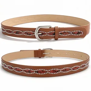 Close-up of stylish brown belt with silver studs and wave-textured snake skin pattern.