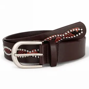 Close-up of dark brown leather belt featuring silver studs and snakeskin pattern