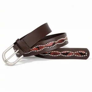 Close-up of dark brown leather belt with metal studs and snakeskin pattern inlay