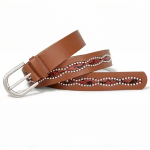 Detailed view of brown leather belt with silver studs and snakeskin pattern inlay