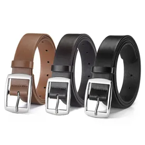 Classic men dress belt with silver alloy buckle faux leather casual business waist belt detail.