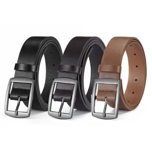 Men's business alloy pin buckle belt detail showing smooth texture and metal buckle design.