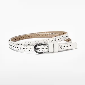 Detail of white hollow-out thin leather belt for women with black pin buckle
