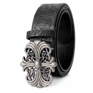 Detailed view of black embossed leather belt with vintage silver hollow cross buckle.