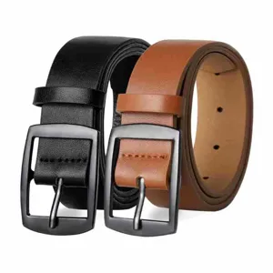 Men business casual belt detail view, durable PU leather strap with alloy pin buckle.