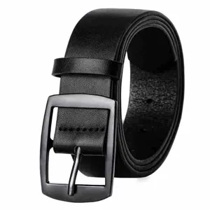 Detail view of black leather belt with metallic pin buckle, classic business fashion design.
