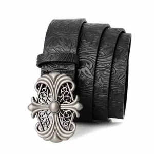 Black embossed floral leather belt with ornate hollow metal cross buckle for men and women.