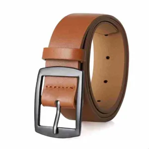Brown leather belt detail, metal buckle close-up view showcasing high texture quality.