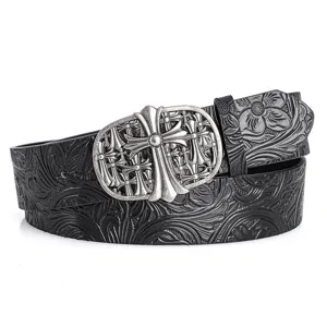 Unisex embossed leather belt with vintage silver cross metal buckle for daily fashion wear.