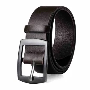 Detailed view of the dark brown men's belt with a sleek black alloy pin buckle design.