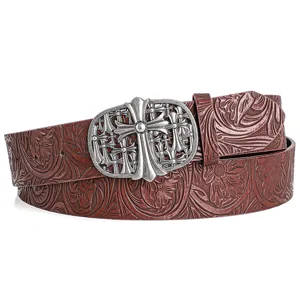 Vintage embossed leather belt with retro cross metal buckle for men and women stylish