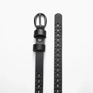 Close-up of a black minimalist thin belt featuring a breathable hollow-out design for women