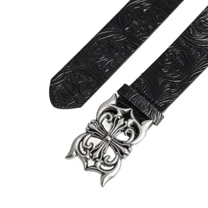 Black embossed leather belt with gothic cross metal buckle unisex fashion accessory