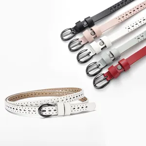 Women Thin Belt With Alloy Pin Buckle Minimalist Hollow Out PU Leather Waistband For Dresses Jeans Decorative Accessory