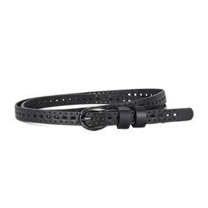 Minimalist black hollow breathable thin belt for women with elegant metallic buckle