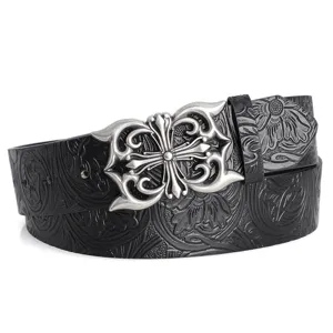 Punk style black embossed leather belt with ornate silver metal cross buckle for daily wear.