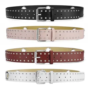 Punk style studded leather belt with square buckle, metal grommets and rings in multi colors.