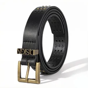 Detailed view of black punk belt featuring vintage gold studs and D.SIGN metal buckle
