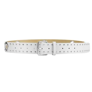 White punk studded leather belt with metal pin buckle and eyelets for men and women stylish
