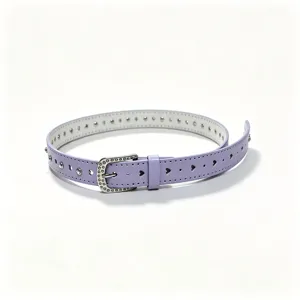 Close-up detail of light purple belt with heart cutouts and rhinestone buckle.