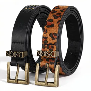 Detail of punk style leopard print and black rivet belts with D.SIGN metal buckles.